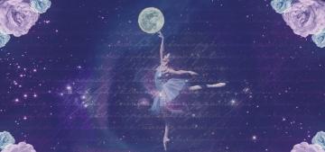 A ballerina in the foreground with flowers, writing, the moon and the expanse of space in the background 