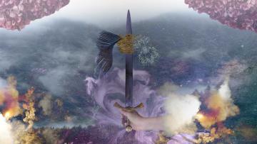 Ace Of swords banner. Sword in the middle of the picture with crystals either side