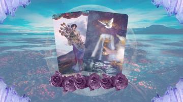 Two tarot cards floating in mid-air with roses underneath